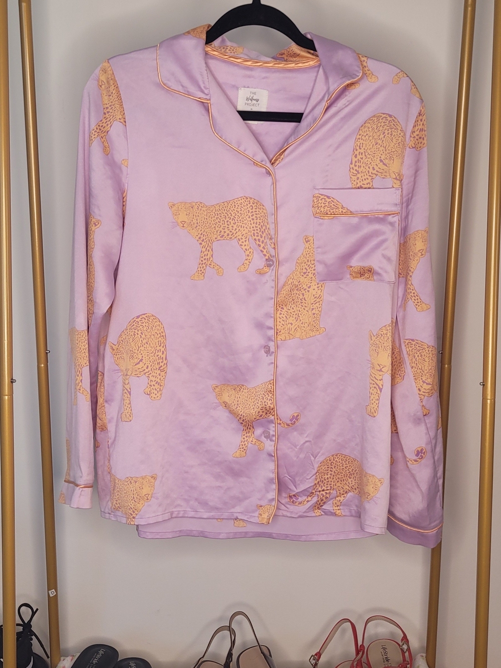 Lavender Satin-like Pajama Set with Gold Leopard Motif